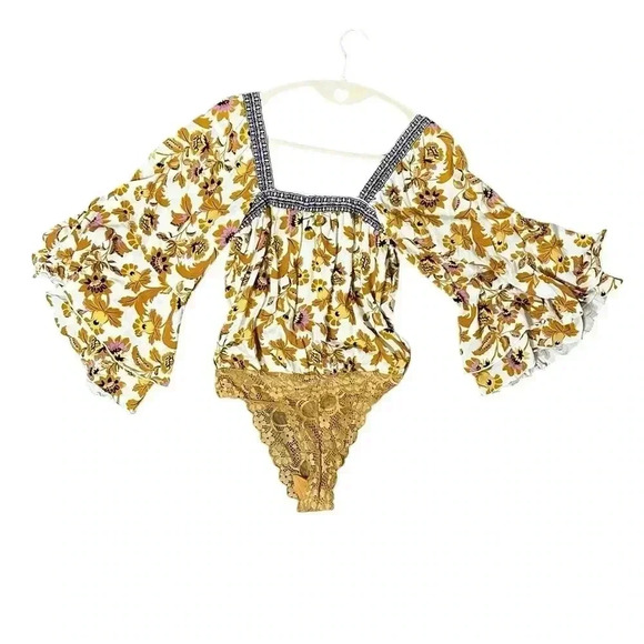 Free People Yellow Square Neck Bell Sleeve Bodysuit - Picture 5 of 5